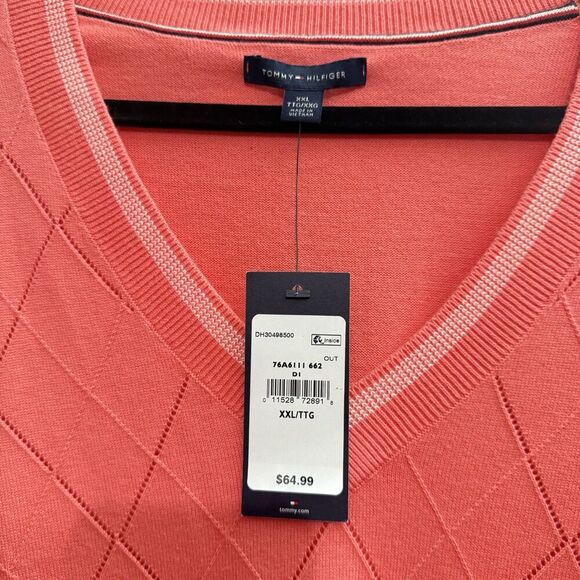 NEW Tommy Hilfiger Argyle Knit Sweater Womens XXL Coral V-neck Preppy Classic - Picture 4 of 8